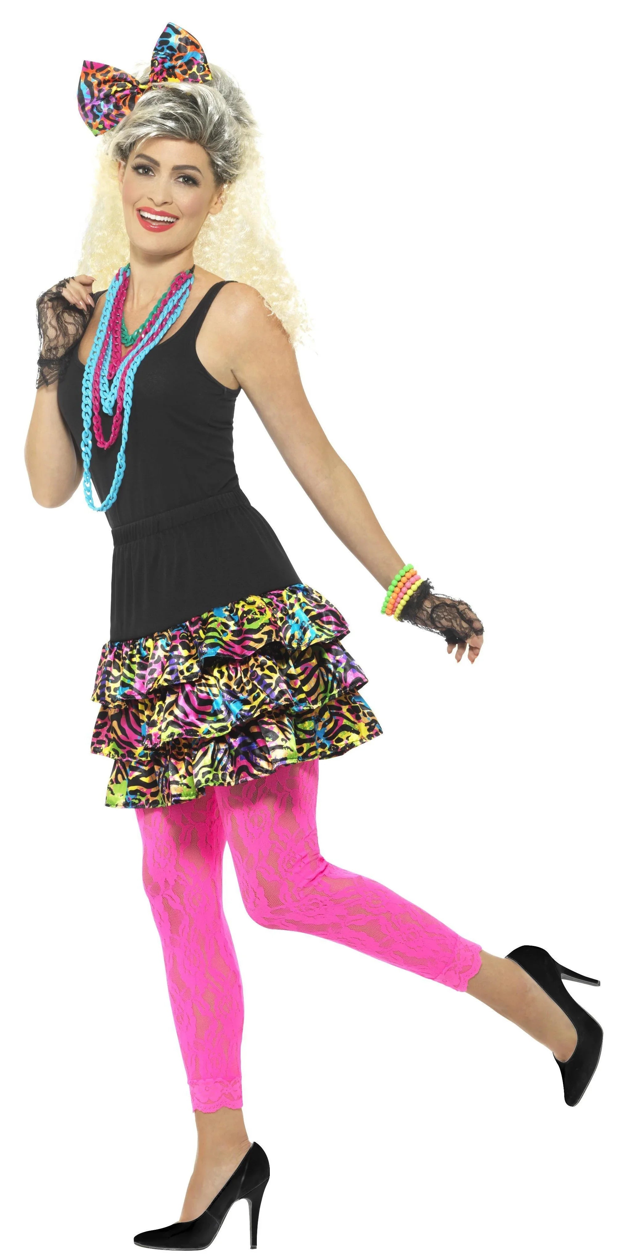 Kit Años 80 Multicolor con Falda, Lazo y Collar Años 80 Smiffys